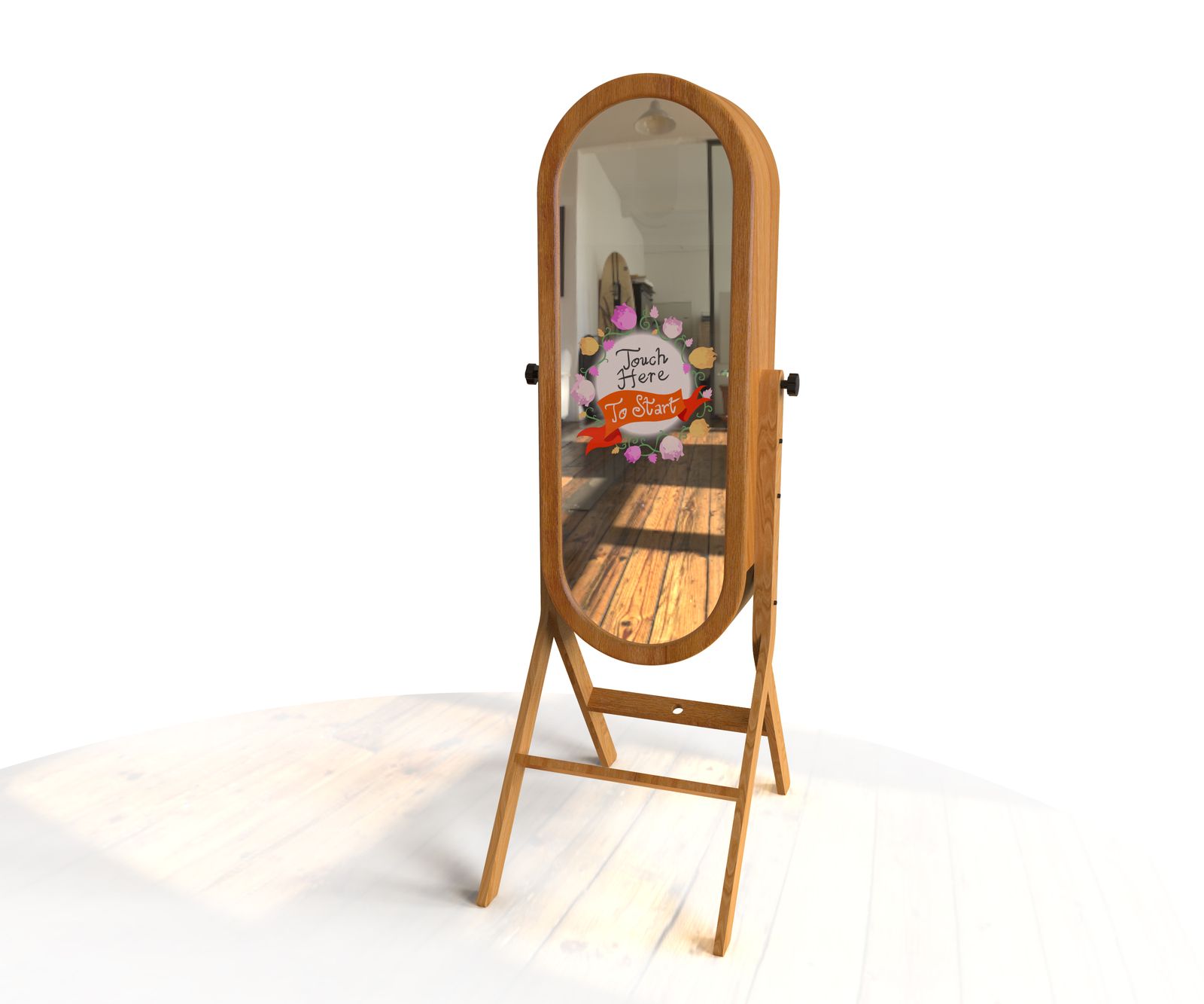 Wooden oval mirror photo booth product shot